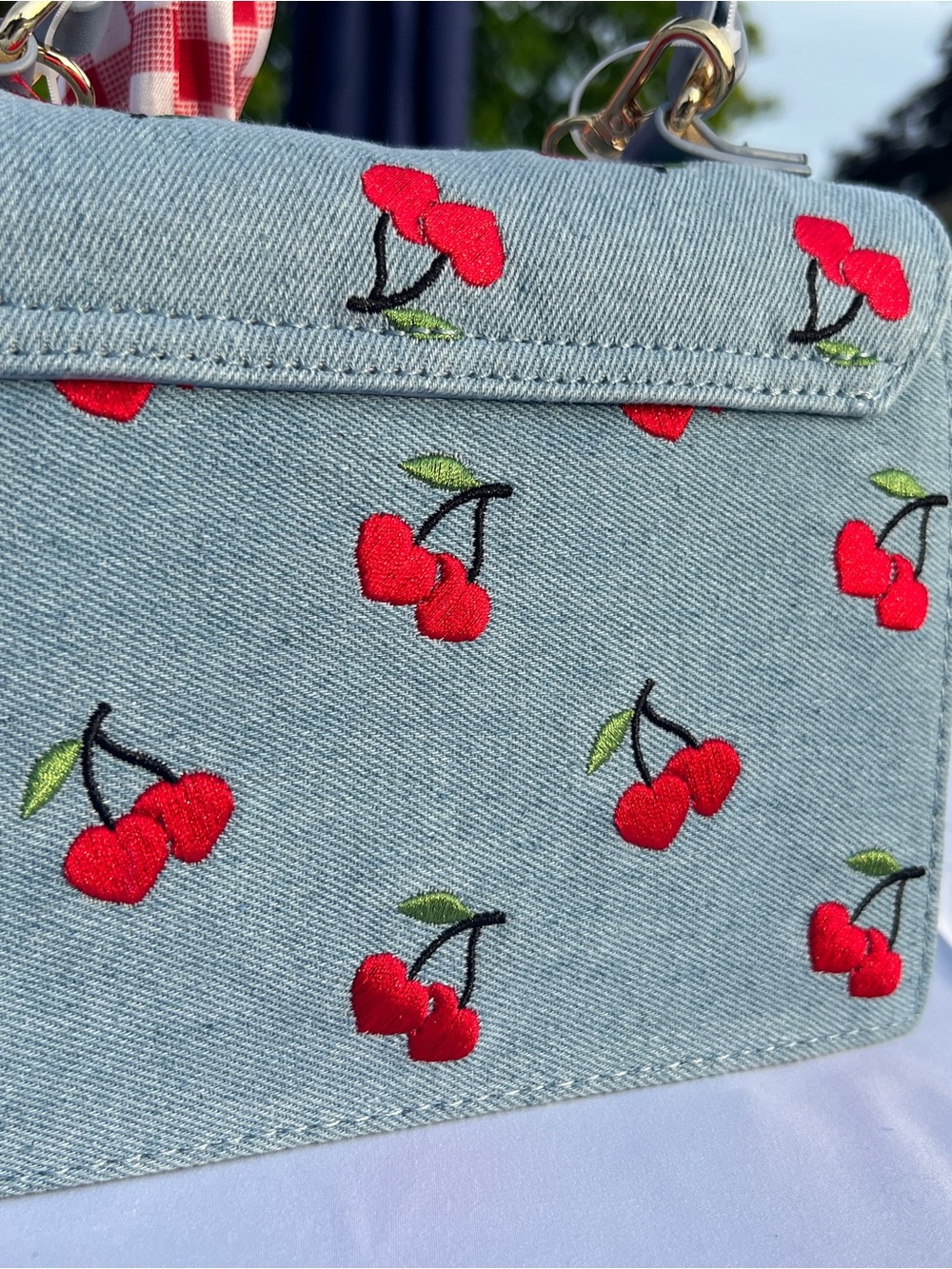 Betsey Johnson Cherry Embroidered Denim Crossbody Satchel NWT - Picture 11 of 11
